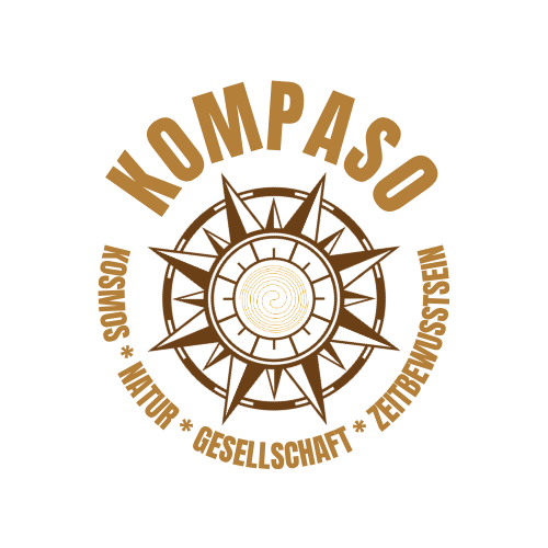 KOMPASO-Emblem mit Kompassrose und dem Schriftzug Kosmos · Natur · Gesellschaft · Zeitbewusstsein